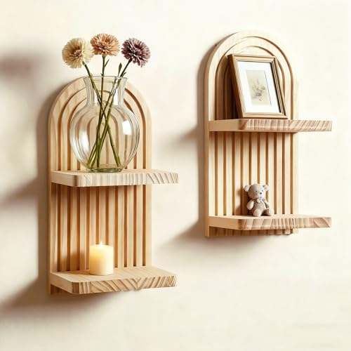 Artilady 2 Pack Floating Shelves for Wall Decor Boho Wood Hanging Shelf Plant Holder 2-Tier Trinket Storage Rack Rainbow Arch Home Decor for Bedroom Living Room Office Apartment - color: 2 Burlywood