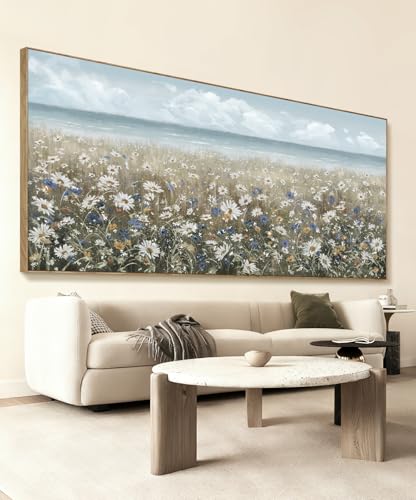 Extra Large Framed Wall Art Blue Seaside And White Flower Wall Decor Farmhouse Art Work Natural Scenery Prints Modern Landscape Picture For Living Room Bedroom Office Hallway 86"x39" - color: Coastal Flower Sea Art, size: 86"L x 39"W