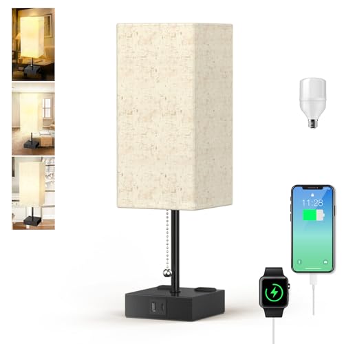 YIDPU Table Lamp for Bedroom with USB,Bedside Lamp with USB C+A Charging Ports,Adjustable 3color LED Light for Home Decor/Nightstand/Office,Included Bulb and Fabric Lamp Shade (Linen White, 1PCS) - color: Linen White, size: 1PCS