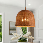 17" Farmhouse Rattan Chandelier 3-Lights Hand Woven Wicker Dining Room Light Coastal Boho Bamboo Pendant Hanging Lighting Fixture for Living Room Bedroom Restaurant Foyer Kitchen Island - color: Coffee-17 IN