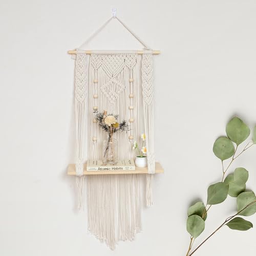 HVEST Macrame Wall Hanging Shelf Boho Decor Handmade Woven Tapestry for Bedroom, Macrame Wall Art Wood Floating Shelf for Living Room Office Nursery Decor Plant Hanger, 34.2L X 15.7W inches - color: Beige