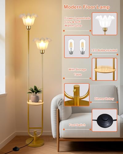 Flower Floor Lamps with Table, 2-Lights Dimmable Floral Floor Lamp, 3000K Warmwhite Modern Floor Lamp, Vintage Gold Standing Lamp with 5Lbs Heavy Base for Living Room Bedroom Girls Room - color: 2 Flower-Gold