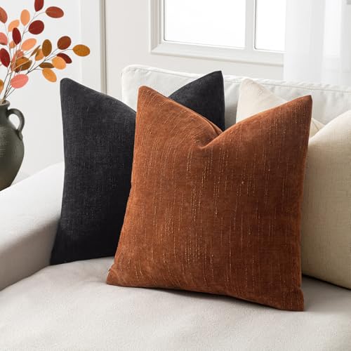 Set of 2 Textured Throw Pillow Covers Decorative Soft Accent Square Chenille Pillowcases Neutral Farmhouse Cushions Modern Home Decor for Couch Sofa Bedroom Living Room 18x18 Inch,Black - color: Black, size: 18" x 18" (Pack of 2)