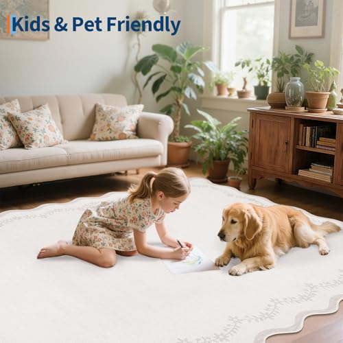 GarveeHome 4x6 Neutral Beige Scalloped Washable Area Rug for Girls Bedroom, Solid Floral Soft Nursery Rug Non Slip Low Pile Small Carpet Stain Resistant Throw Rug for Dorm Kids Room Office Dining Room - color: Beige, size: 4' x 6' (Rectangular)