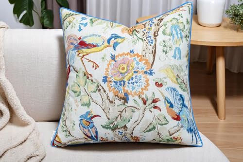 VAGMINE Jacobean Bird Floral 20x20 Inch Throw Pillow Cover - Ivory Multi-Color Print on Textured Polyester - Cushion Case for Couch Sofa - Grandmillennial Decor - Scarlet - color: Scarlet, size: 20" x 20" (Pack of 1)
