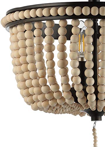 JONATHAN Y 14" Black and Light Taupe Wood Beaded LED Semi Flush Mount Light, Boho Farmhouse 3-Light Ceiling Chandelier with Cream Wood Bead Shade for Nursery, Bedroom JYL9020A - color: Black/Light Taupe