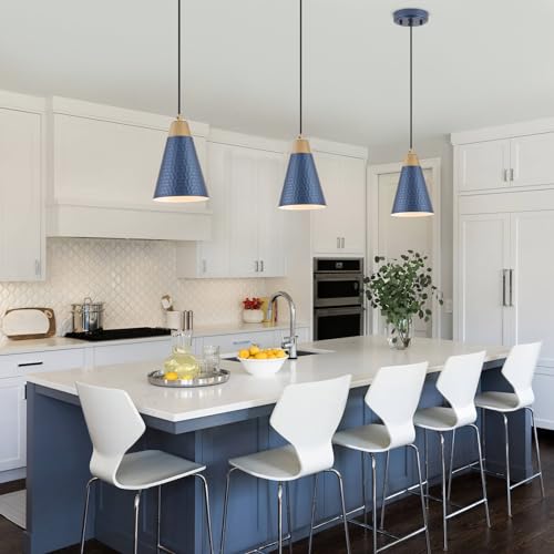 Dijiahua Blue Kitchen Pendant Lighting Over Island 3 Pack,Small Modern Farmhouse Chandeliers Navy Hammered Metal Shade,Mini Vintage Adjustable Cord Hanging Ceiling Lamp Fixtures Over Sink - color: Blue and Wood