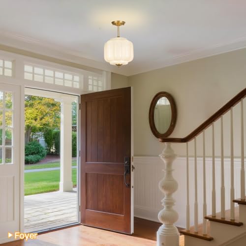 9.4" Milk Glass Semi Flush Mount Ceiling Light Fixture, Vintage Gold Ceiling Lamp for Hallway, Kitchen, Bedroom, Entryway, Antique Mid Century Lighting with Scallop Shade for Small Rooms - color: Milk White D