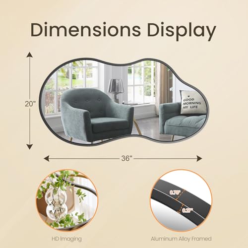 20”x 36” Irregular Wall Mirror, Asymmetrical Bathroom Vanity Mirror, Unique Shape Metal Framed Black Mirrors, Decorative Mirrors for Bedroom Living Room Entryway Wall-Mounted - color: Black, size: 36"L x 20"W