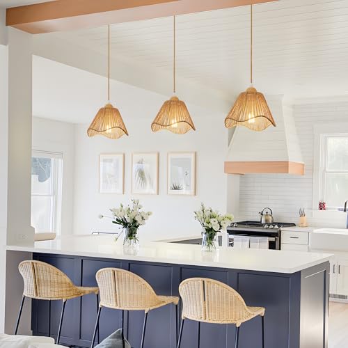Wave Rattan Chandelier Pendant Lights Kitchen Island,Farmhouse Boho Chandeliers Adjustable Height Hanging lamp for Dining Room,Kitchen Ceiling Light Fixtures with Hand Woven Wicker Lampshade - size: 1 Pack