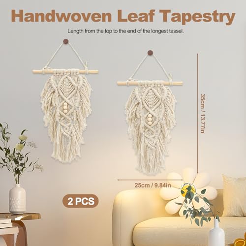ASTIMESA 2 Packs Handmade Macrame Leaves Wall Hanging Decor, Vintage Woven Leaf Tapestry, Chic Boho Wall Art with Tassels Beads for Living Room Bedroom Home White - color: White