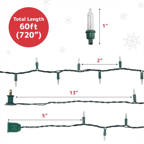 PREXTEX 300 Count Clear Christmas Tree Lights with Green Wire - 60 ft Warm White Christmas Lights for Indoor or Outdoor Use - Holiday Incandescent String Lights for Xmas Trees, Patios, and Fences - size: 300ct