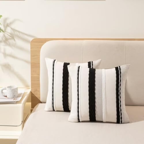 Boho Throw Pillow Covers 18x18 Set of 2 Farmhouse Decorative Cushion Case Striped Square Pillows Cover Chenille Pillow Cases Accent Neutral Pillowcase for Sofa Couch Bed,Black and White - color: Black Stripe 2