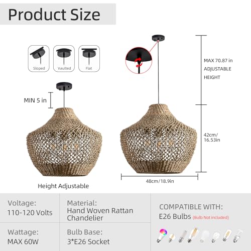 3-Lights Rattan Pendant Light,Boho Rattan Hand-Woven Hanging Light Fixture, Natural Seagrass Weaving Ceiling Chandelier for Kitchen Island Dining Living Bedroom Entry - color: Brown rattan, size: 3-light 18.9in