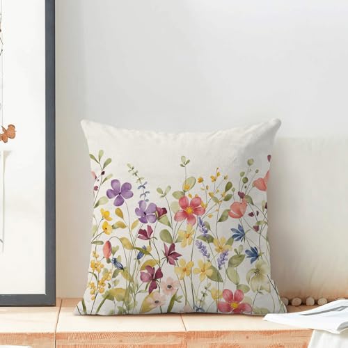 AEIOAE Spring Pillow Covers 16x16 Inch Set of 2, Colorful Wild Flower Leaves Plant Throw Pillows Case,Seasonal Floral Outdoor Decorative Farmhouse Decor Cushion Covers for Home Sofa Bed Couch - color: Colorful Wild Flowers, size: 16" x 16" (Pack of 2)