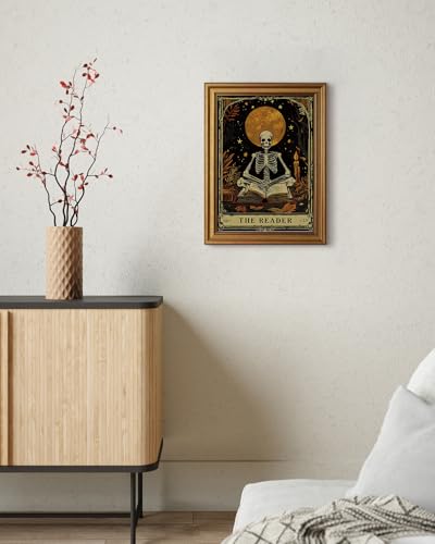 HUARCEY Gold Framed Canvas Wall Art, Skeleton Reader Tarot Picture Decor, Library Reading Room School Decor, Book Lover Witchy Gothic Halloween Canvas Paintings, 12x16inch - color: Skeleton Reader Art, size: 16"L x 12"W