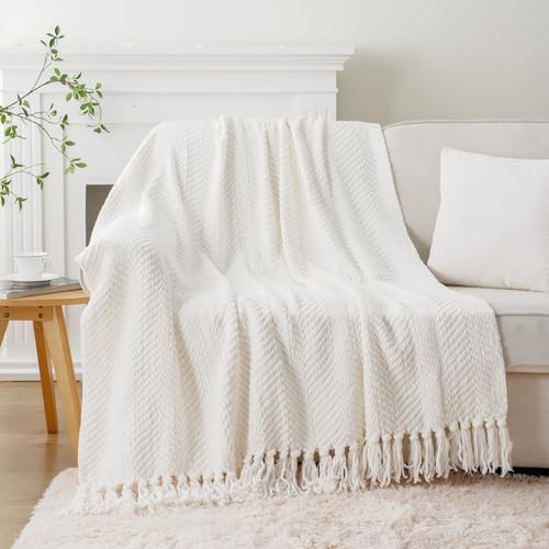 BATTILO HOME Cream Throw Blanket for Couch, Textured Knitted Throw Blanket with Tassels, Couch Cover Blanket Warm Decorative White Throw Blankets for Sofa Living Room, 60" x 80" - color: Cream, size: 60"x80"