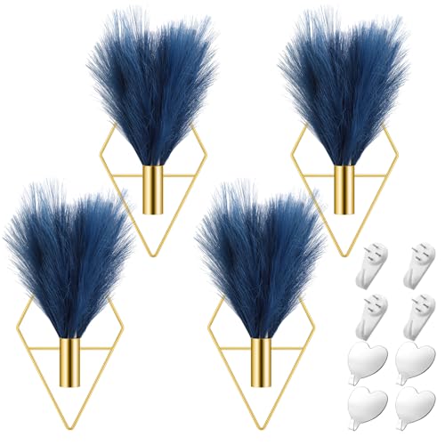 Hanaive 4 Sets Boho Wall Decoration Metal Wall Art Hanging Planters with Artificial Pampas Display Modern Home Vase for Bedroom Home Office (Soft,Dark Blue) - color: Dark Blue, style: Soft