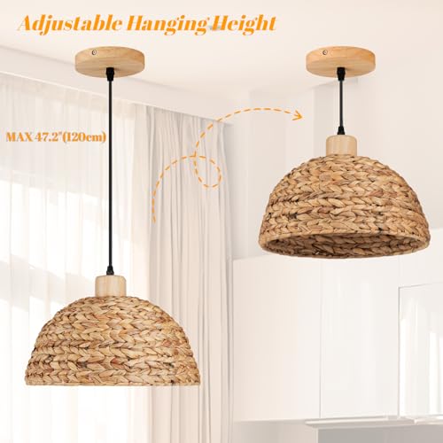 12" Boho Rattan Pendant Lights 1-Light Hand Woven Pendant Light Wicker Light Fixtures Ceiling Hanging for Kitchen Island Bedroom, Living Dining Room,Foyer