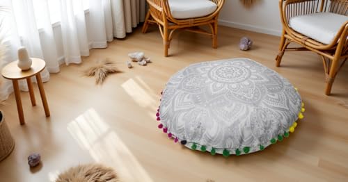 Round Mandala Floor Pillow Cover Seating Cushion Throw Cover Hippie Decorative Bohemian Ottoman Pouf Cover, Pom Pom Pillow Cases,Boho Indian 32 Inches Matellic Silver - color: Metallic Silver, size: 32" Round