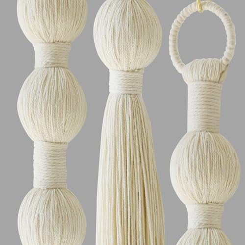 IOWER Macrame Wall Hanging Small Sphericity Cotton Textile Tassel Wall Hanging Fiber Yarn Art for Living Room Bedroom 27'' L x 2.3'' W - color: Ivory