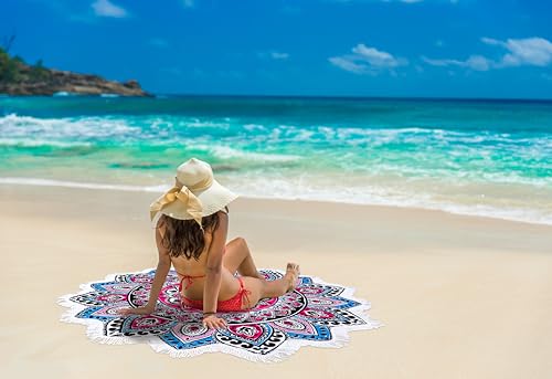 Benefeet Sox Large Mandala Beach Towel Round Microfiber Circle Beach Towels Bohemian Roundie Beach Blanket Quick Dry Beach Throw Blanket Sand Free Pool Towels, 59 Inches Blue Pink - color: Mandala, Blue Pink