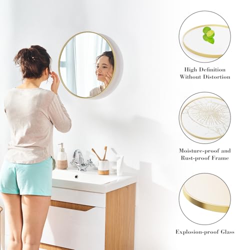 NEWBULIG 20IN Round Bathroom Wall Mirror, Modern Vanity Mirrors for Over Sink, HD Glass Decorative for Entryway, Bedroom & Living Room, Anti-Rust, Tempered Glass, Hanging or Leaning, Gold - color: Gold, size: 20.2"L x 20.2"W