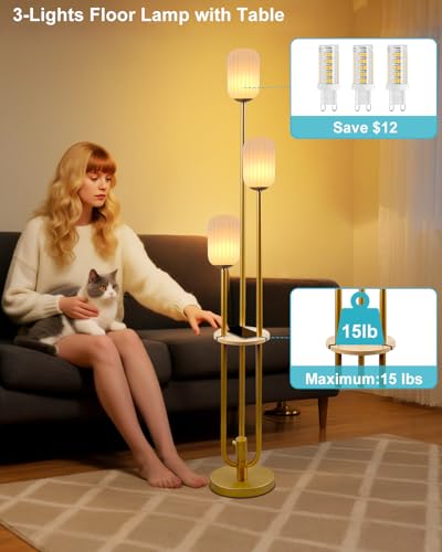 Floor Lamp for Living Room, Dimmable Vintage Floor Lamp with Shelf & LED Bulbs, 3 Light 3000K Soft Warmwhite Mid Century Standing Lamp, Tall Lamps with 5Lbs Heavy Base for Bedroom Office - color: Oval-Gold