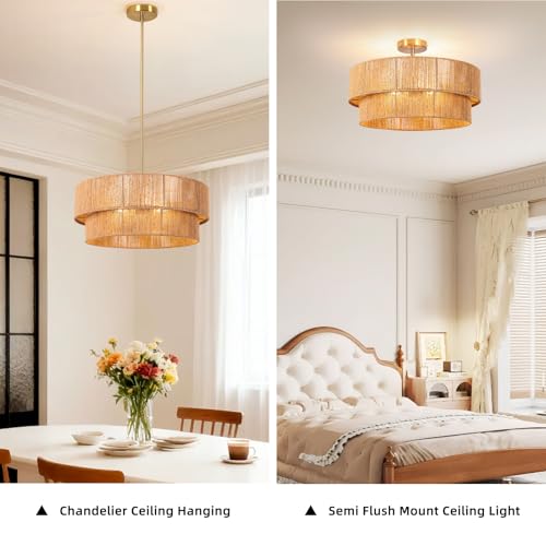 23.6'' Boho Rattan Chandelier Hand Woven Chandelier Light Fixture 3-Light Farmhouse Drum Pendant Light for Dining Room Bedroom Kitchen Hallway Foyer - color: 23.6" Rattan Gold