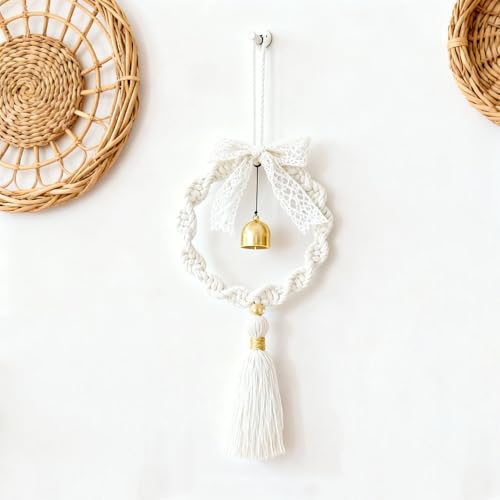 Boho Macrame Wall Hanging with Gold Bell & Tassel - Handmade Woven Dream Catcher Ornament for Bedroom Living Room Nursery Christmas Home Decor - color: Tassel