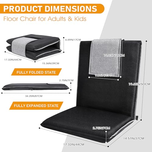 Floor Chair with Back Support 14-Position Adjustable Floor Chair Portable Ground Seating for Adults & Kids Foldable Meditation Seat with Japanese KOYO Bearings & Washable Linen Cover (Black) - color: Black & Grey, style: Regular