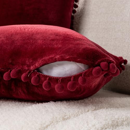 PAVILIA Burgundy Red Throw Pillow Covers with Pom Pom 20x20 Set of 2, Decorative Pillow Cases for Bedroom Aesthetic, Small Throw Pillows Set for Bed, Velvet Euro Plush Cushion Covers for Sofa Couch - color: Wine Red, size: 20" x 20" (Pack of 2)