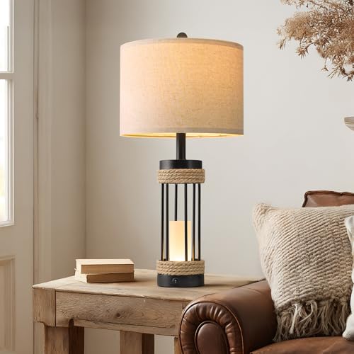 OYEARS 25" Table Lamps Set of 2 with Night Light, Rustic Bedside Lamps with USB C+A Charging Ports, Black Metal Lamp with Rope Accent and Frosted Glass, Farmhouse Lamps for Living Room Bedroom - color: Farmhouse Black