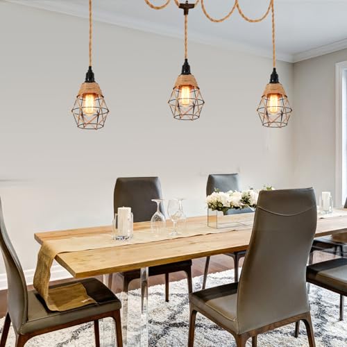 3 Light Hemp Rope Plug in Pendant Light Rattan Hanging Lights with Plug in Cord with Woven Lamp Shade, Hanging Lights with Plug in Cord Hemp Rope Hanging Lamp - color: 3 Light Pendant Lights