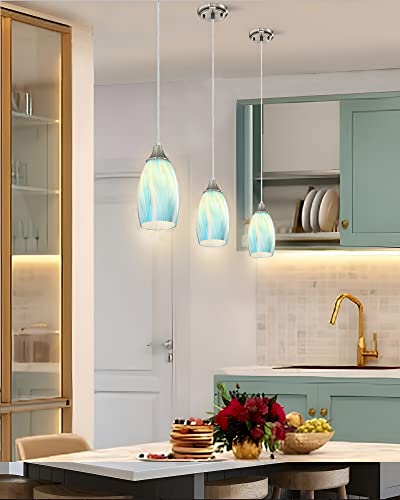 karyfine Mini Pendant Light,Handcrafted Art Glass Pendant Lighting Shade with Brushed Nickel Finished Teal Glass Ceiling Hanging lamp Adjustable Cord for Kitchen Island,Hallway,Dining Room - color: Teal with Gold-1Pack