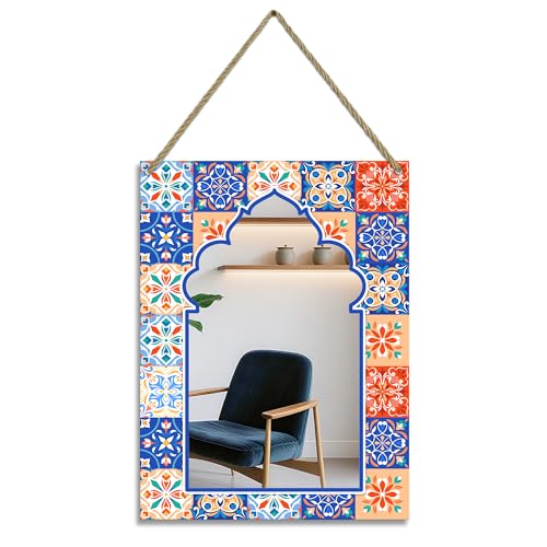 Rectangle Mirror for Wall, 12"x16" Decorative Wall Mirror, Flower Blue Mosaic Mirrors, Wall Mirrors Decor with Hanging Rope for Living Room, Entryway, Bedroom, Dining, Kitchen - color: Flower Blue