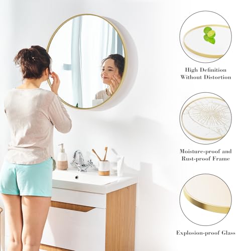 NEWBULIG 30IN Round Bathroom Wall Mirror, Modern Vanity Mirrors for Over Sink, HD Glass Decorative for Entryway, Bedroom & Living Room, Anti-Rust, Tempered Glass, Hanging or Leaning, Gold - color: Gold, size: 30"L x 30"W
