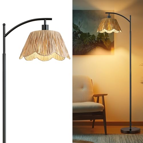 Oneach Boho Rattan Floor Lamp for Living Room, Farmhouse Standing Lamp with Hand-Woven Shade, Black Metal Base & Pole, Foot Switch - Corner Reading Lamp for Bedroom - color: Oil Black