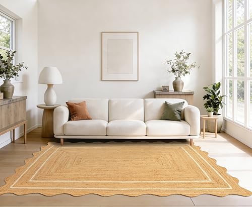 GRUHUM Jute Area Rug 9'x12' ft Wave Scalloped Natural Ivory Border Handwoven Boho Reversible Rustic Vintage Farmhouse Soft Braided EcoFriendly Rug - Indoor Livingroom Bedroom Hallways 9x12 ft Large - color: Natural - Ivory Border, size: 9' x 12' (Rectangu