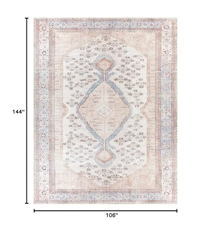 Hauteloom Stella Boho Vintage Oversized Area Rug - Farmhouse Traditional Medallion Carpet for Living Room - Machine Washable - Tan, Pink, Peach, Sage, Blue, Cream - 8'10" x 12' (9x12) - color: Aqua, Black, Blush / Moora, size: 8'10" x 12' (Rectangular)