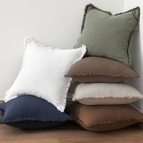 MIULEE Decorative Throw Pillow Covers Neutral Linen Fringe Throw Pillows Set of 2 Cocoa Brown Boho Farmhouse Cushion Covers for Couch Sofa Bed Living Room Spring Home Decor 18x18 Inch - color: Cocoa Brown, size: 18" x 18" (Pack of 2)