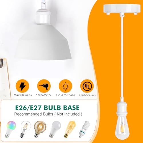 Upgraded White Pendant Light kit, UL E26/E27 Lamp Socket with Aluminium Enclosure Pendant Light Cord, Industrial Hanging Light Cord Kit with Adjustable Length, Mini Edison Retro Lamp Socket