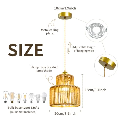 7.9″ Rattan Pendant Light Fixture Boho Woven Chandelier Ceiling Pendant Light Round Adjustable Hanging Lamp for Dining Room Kitchen Island Hallway Bedroom - color: 7.9″