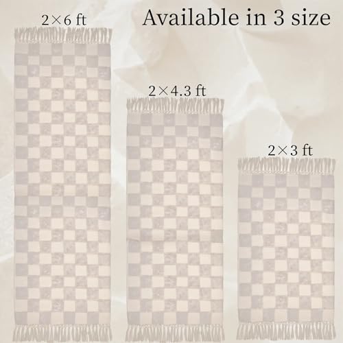 Boho Bathroom Rugs Beige Checkered Runner with Tassels, Boho Bath Mat Kitchen Runner Rug Washable, 2'x4.3' Tufted Rug - color: Checkered Cream, size: Medium(2'x4.3')