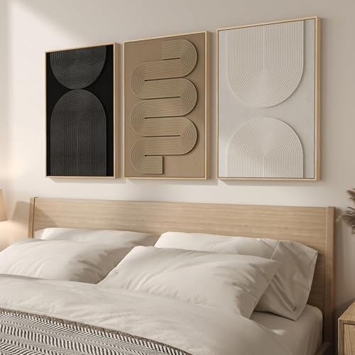 3D Textured Framed Boho Neutral Abstract Wall Art for Bedroom Decor, 3 Piece Modern Artwork for Walls, Black White Brown Minimalist Geometric Paintings for Living Room, Dining Room Wall Decor 16x24 In - color: Neutral --A, size: 16"w X 24"h X 3pcs