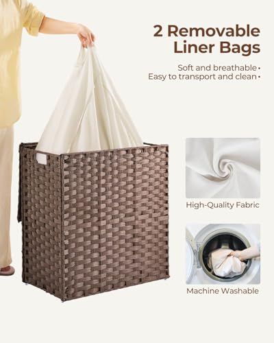 Greenstell Laundry Hamper with lid, No Install Needed, 110L Wicker Laundry Baskets Foldable 2 Removable Liner Bags, 2 Section Clothes Hamper Handwoven Rattan Laundry Basket with Handles, Brown - color: Brown