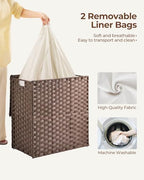Greenstell Laundry Hamper with lid, No Install Needed, 110L Wicker Laundry Baskets Foldable 2 Removable Liner Bags, 2 Section Clothes Hamper Handwoven Rattan Laundry Basket with Handles, Brown - color: Brown
