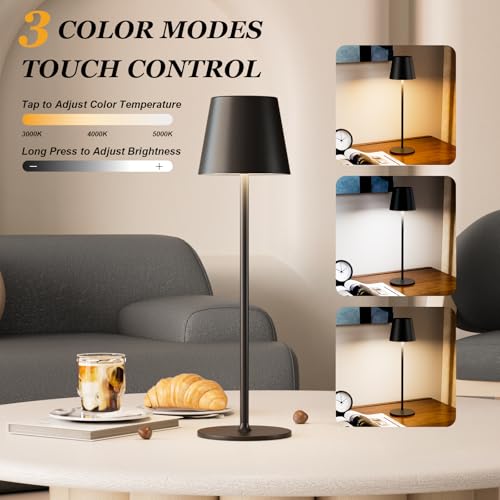 Kakanuo 20" Cordless Table Lamp Rechargeable Black - 2 Pack 5000mAH Battery Operated Lamp for Counter, 3 Color Stepless Dimming Wireless Lamp for Dining Kitchen, Outdoor Patio, Touch Control - color: Black 1, size: 2 Pack 20in - Down Light
