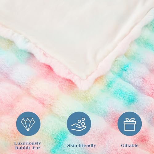 JONIYEAR Large Decorative Colorful Bubble Faux Rabbit Fur Bed Blanket Full Size 70" x 80", Soft Thick Warm Fluffy Blankets for Winter, Luxury Shag Big Cozy Fuzzy Furry Blanket for Women Girls, Rainbow - color: Colorful Rainbow - 900gsm, size: Full Size -