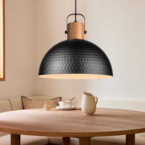 ELYONA 2 Pack Large Ash Wood Hammered Pendant Light Fixtures 16 Inch Metal Dome Ceiling Hanging Lamp, Industrial Kitchen Island Pendant Lighting for Farmhouse, Dining Room,Living Room, Black - color: Black - 2 Pack